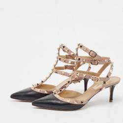 Pre Owned Valentino Black/Dusty Pink Leather Rockstud Ankle Strap Pumps Size 36
