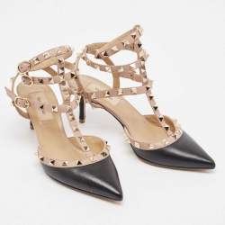 Pre Owned Valentino Black/Dusty Pink Leather Rockstud Ankle Strap Pumps Size 36