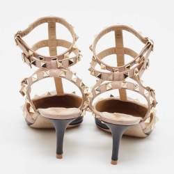 Pre Owned Valentino Black/Dusty Pink Leather Rockstud Ankle Strap Pumps Size 36