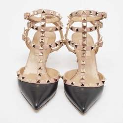 Pre Owned Valentino Black/Dusty Pink Leather Rockstud Ankle Strap Pumps Size 36