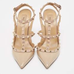Pre Owned Valentino Beige Patent and Leather Rockstud Pumps Size 39