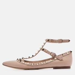 Pre Owned Valentino Beige Leather Rockstud Ballet Flats Size 37