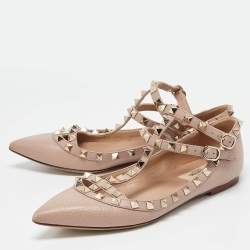 Pre Owned Valentino Beige Leather Rockstud Ballet Flats Size 37