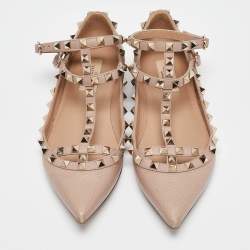 Pre Owned Valentino Beige Leather Rockstud Ballet Flats Size 37