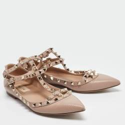 Pre Owned Valentino Beige Leather Rockstud Ballet Flats Size 37