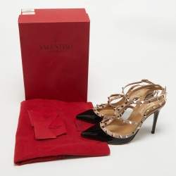 Pre Owned Valentino Black/Pink Patent Leather Rockstud Strappy Pointed Toe Pumps 38.5