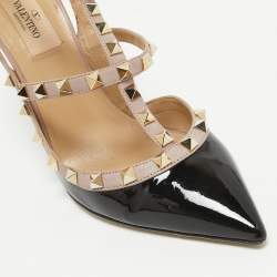 Pre Owned Valentino Black/Pink Patent Leather Rockstud Strappy Pointed Toe Pumps 38.5