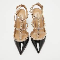 Pre Owned Valentino Black/Pink Patent Leather Rockstud Strappy Pointed Toe Pumps 38.5
