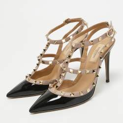 Pre Owned Valentino Black/Pink Patent Leather Rockstud Strappy Pointed Toe Pumps 38.5