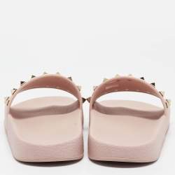 Pre Owned Valentino Beige Rubber Rockstud Flat Slides Size 38