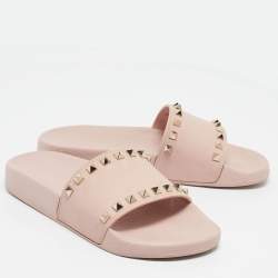 Pre Owned Valentino Beige Rubber Rockstud Flat Slides Size 38