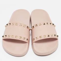 Pre Owned Valentino Beige Rubber Rockstud Flat Slides Size 38