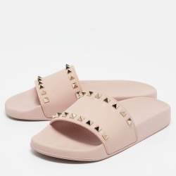 Pre Owned Valentino Beige Rubber Rockstud Flat Slides Size 38