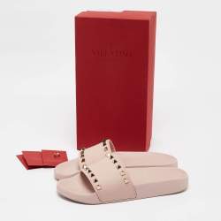 Pre Owned Valentino Beige Rubber Rockstud Flat Slides Size 38