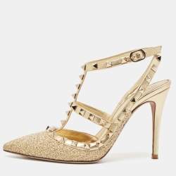 Pre Owned Valentino Gold Leather Rockstud Ankle Strap Pumps Size 37.5