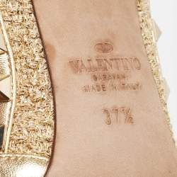 Pre Owned Valentino Gold Leather Rockstud Ankle Strap Pumps Size 37.5