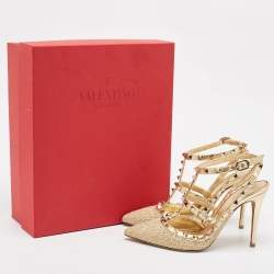 Pre Owned Valentino Gold Leather Rockstud Ankle Strap Pumps Size 37.5