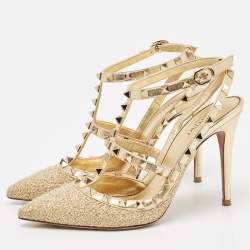 Pre Owned Valentino Gold Leather Rockstud Ankle Strap Pumps Size 37.5