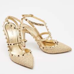 Pre Owned Valentino Gold Leather Rockstud Ankle Strap Pumps Size 37.5