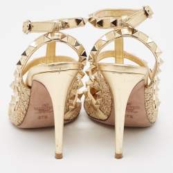 Pre Owned Valentino Gold Leather Rockstud Ankle Strap Pumps Size 37.5