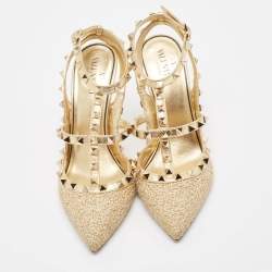 Pre Owned Valentino Gold Leather Rockstud Ankle Strap Pumps Size 37.5