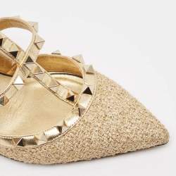 Pre Owned Valentino Gold Leather Rockstud Ankle Strap Pumps Size 37.5