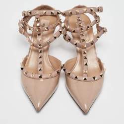 Pre Owned Valentino Beige Patent and Leather Rockstud Ankle Strap Pumps Size 39