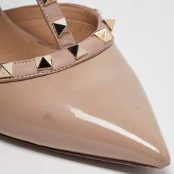 Pre Owned Valentino Beige Patent and Leather Rockstud Ankle Strap Pumps Size 39