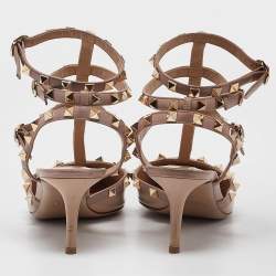 Pre Owned Valentino Beige Patent and Leather Rockstud Ankle Strap Pumps Size 39