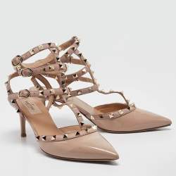 Pre Owned Valentino Beige Patent and Leather Rockstud Ankle Strap Pumps Size 39