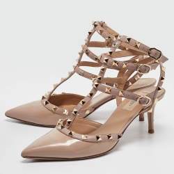 Pre Owned Valentino Beige Patent and Leather Rockstud Ankle Strap Pumps Size 39