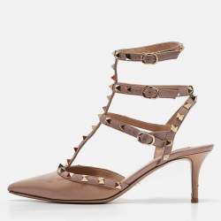 Pre Owned Valentino Beige Patent and Leather Rockstud Ankle Strap Pumps Size 39