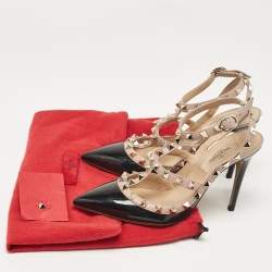 Pre Owned Valentino Black Patent Leather Rockstud Ankle Strap Pumps Size 35.5