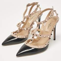 Pre Owned Valentino Black Patent Leather Rockstud Ankle Strap Pumps Size 35.5