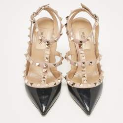 Pre Owned Valentino Black Patent Leather Rockstud Ankle Strap Pumps Size 35.5