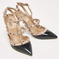 Pre Owned Valentino Black Patent Leather Rockstud Ankle Strap Pumps Size 35.5