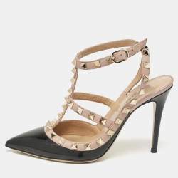 Pre Owned Valentino Black Patent Leather Rockstud Ankle Strap Pumps Size 35.5