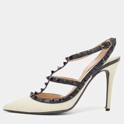Pre Owned Valentino White Leather Rockstud Ankle Wrap Pumps Size 40