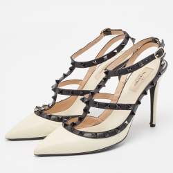 Pre Owned Valentino White Leather Rockstud Ankle Wrap Pumps Size 40