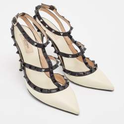 Pre Owned Valentino White Leather Rockstud Ankle Wrap Pumps Size 40