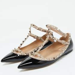 Pre Owned Valentino Black Leather and Patent Leather Rockstud Ballet Flats 40
