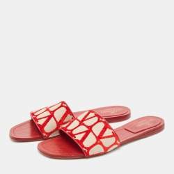 Pre Owned Valentino Red/Cream Canvas and Leather Flat Slides Size 39