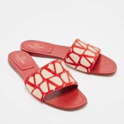 Pre Owned Valentino Red/Cream Canvas and Leather Flat Slides Size 39