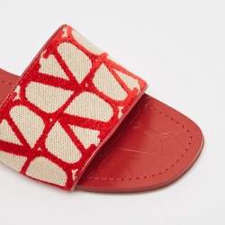 Pre Owned Valentino Red/Cream Canvas and Leather Flat Slides Size 39