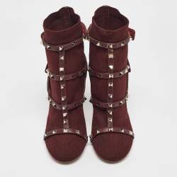 Pre Owned Valentino Burgundy Rockstud Ankle Length Boots Size 39