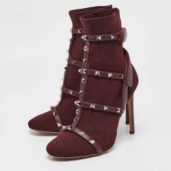 Pre Owned Valentino Burgundy Rockstud Ankle Length Boots Size 39