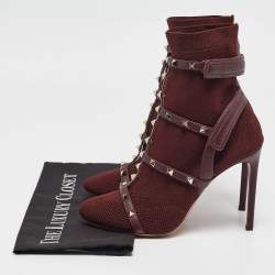 Pre Owned Valentino Burgundy Rockstud Ankle Length Boots Size 39