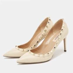 Pre Owned Valentino Cream Leather Rockstud Pointed Toe Pumps Size 37.5