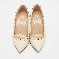 Pre Owned Valentino Cream Leather Rockstud Pointed Toe Pumps Size 37.5