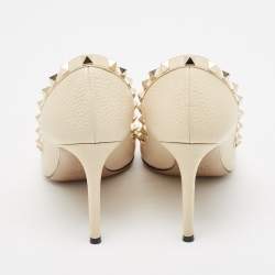 Pre Owned Valentino Cream Leather Rockstud Pointed Toe Pumps Size 37.5